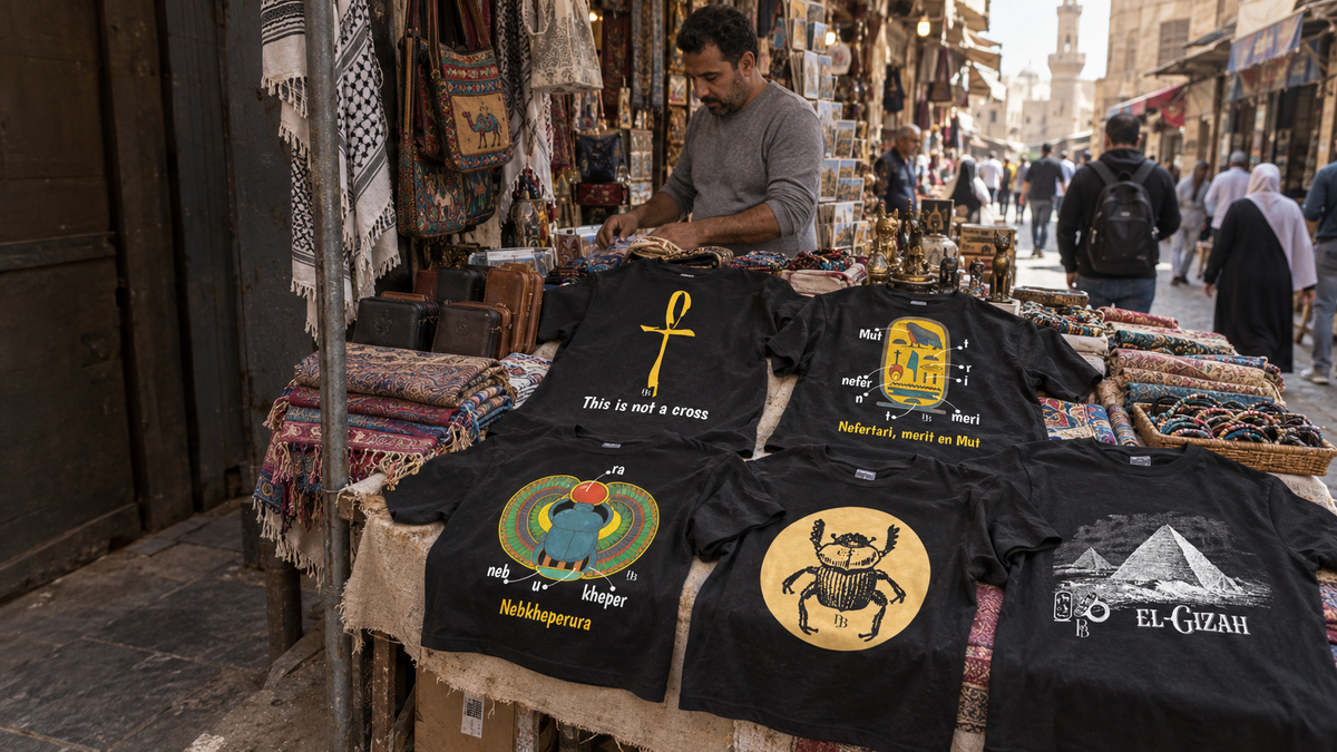 Scena illustrativa AI: maglie Ankh, Nefertari, Tutankhamon, Khepri e Giza aperte in primo piano su un banco del mercato al Cairo, insieme a tessuti, borse e piccoli articoli.